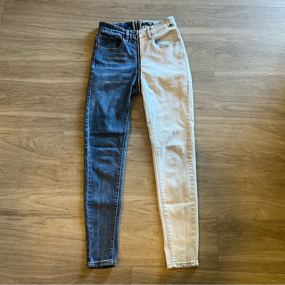 Full Zipper Half and Half Two Tone Jeans